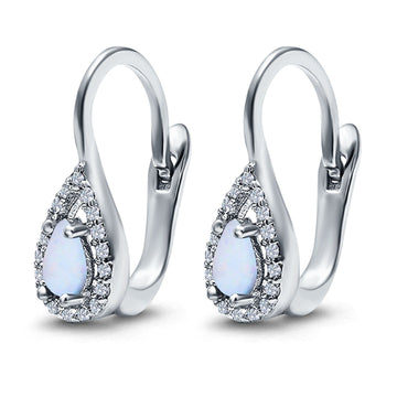 Halo Teardrop LeverBack Earrings Pear Lab Created White Opal 925 Sterling Silver